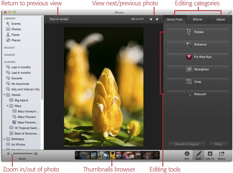 iPhoto’s fancy and easy-to-use Edit view.To exit Edit view and return from whence you came (the album, Event, or whatever), click Edit in iPhoto’s toolbar again, press Return, or click the arrow-shaped button at the top left of the photo-viewing area (its label depends on the item that was active in your Source list when you entered Edit view; in this screenshot, it’s labeled “Year in review”).