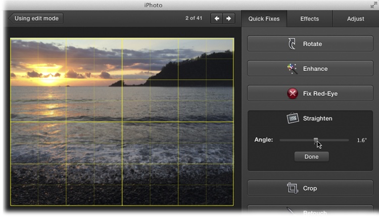 When you click the Straighten button, iPhoto superimposes a yellow grid on your picture, as shown here. By moving the Angle slider in either direction, you rotate the image.You can use the yellow grid to help you align the horizontal or vertical lines in your photo.