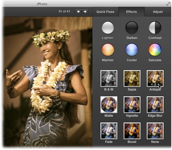 The Effects panel offers 14 different clickable effects, good for a solid 10 minutes of photo-editing fun.The Antique effect is shown here, at a strength of 2.