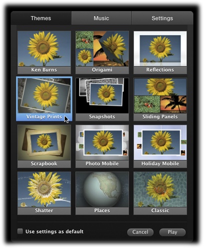 Click the Slideshow button on the iPhoto toolbar, and you see this panel, where you can pick a theme for your show. To preview a theme, simply point your cursor at its thumbnail.Click a theme’s thumbnail to select it, and then click Play to see your photos, accompanied by iPhoto’s default music. You can also click the Music and Settings tabs in the panel to tinker with the options before the first slide even plays.
