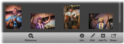 The quickest way to kick off a slideshow in iPhoto is to click the Slideshow button at the bottom of your iPhoto window (or monitor, if you’re in full-screen view).