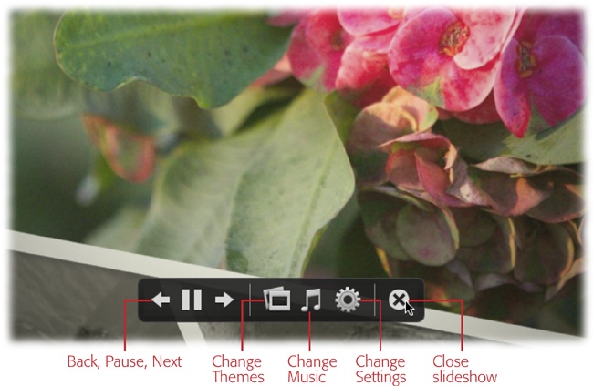 As the slideshow progresses, you can pause the show, go backward, or get to the panel for Themes, Music, and Settings, all courtesy of this onscreen control bar.The Vintage Prints theme was used here (it’s visible near the bottom). Nifty, isn’t it?
