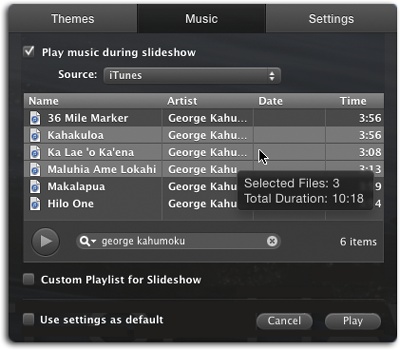 The Music panel lets you choose a playlist or individual songs from your iTunes library (depending on what you pick from the Source menu shown here). By clicking the column headings, you can sort the song list by name, artist, date, or length. You can also use the Search box to pinpoint an individual song or artist, as shown here. To select several songs, ⌘-click each one. Point your cursor at a song to have iPhoto tell you the duration of the songs you’ve chosen.If you have a long slideshow, you can use the Source menu to choose an iTunes playlist rather than a single song. iPhoto repeats the song (or playlist) for as long as your slideshow lasts.