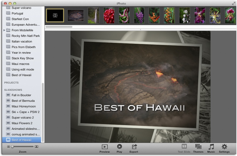 In the slideshow editor, the window shape is designed to mimic the shape of your Mac’s monitor (or whatever screen proportions you’ve specified in the Settings panel); that’s why gray bars may appear on the left and right sides of your slides. The Themes, Music, and Settings options in the toolbar let you finesse the slideshow as you go. Click Preview to play the show in the iPhoto window.
