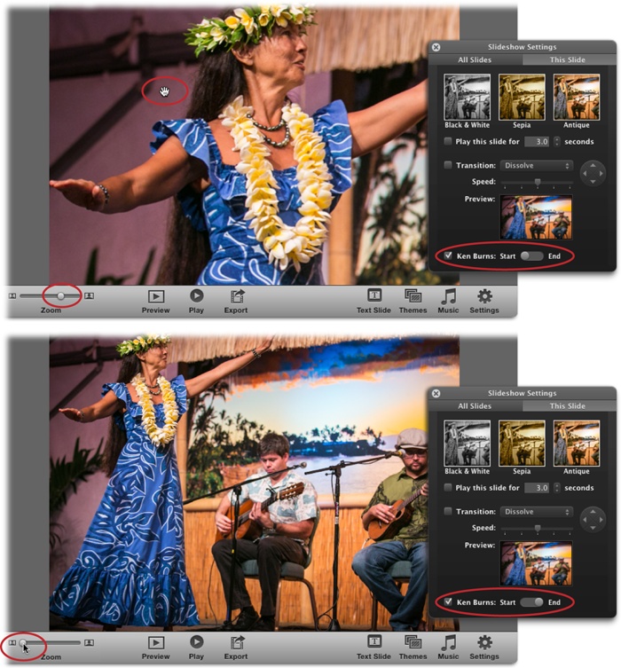 You set the start and end points for the Ken Burns effect’s gradual zooming/panning, and iPhoto automatically supplies the in-between frames, producing a gradual shift from the first position to the second.Top: In the Slideshow Settings panel’s This Slide tab, turn on the Ken Burns checkbox and then click Start. Use the Zoom slider in iPhoto’s toolbar to magnify the photo, and then drag the photo to reposition it in the viewing area (you see the grabbing-hand cursor circled here).Bottom: In the This Slide tab, click End. Once again, use the Zoom slider and drag the photo to specify the final zoom level and position. In this example, the Ken Burns effect lets you save the “punch line” (the guitarists) of this story-telling photo for the end of its time onscreen.