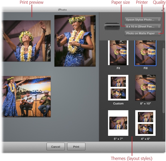 Apple recently (and mercifully) simplified iPhoto’s Print pane. Mission-critical printer settings are perched at the top right in three handy pop-up menus.Previous versions offered a multitude of layout styles (called themes), including “mat” frames that you could print right onto the paper. Due to the simpler process, most of those fancy options are now extinct. Instead, you get the option to fit or fill the photo to the page, some common size options, and the ability to print photo thumbnails as a contact sheet (page 178). The preview area shows you exactly what—and how many pages—iPhoto will print.