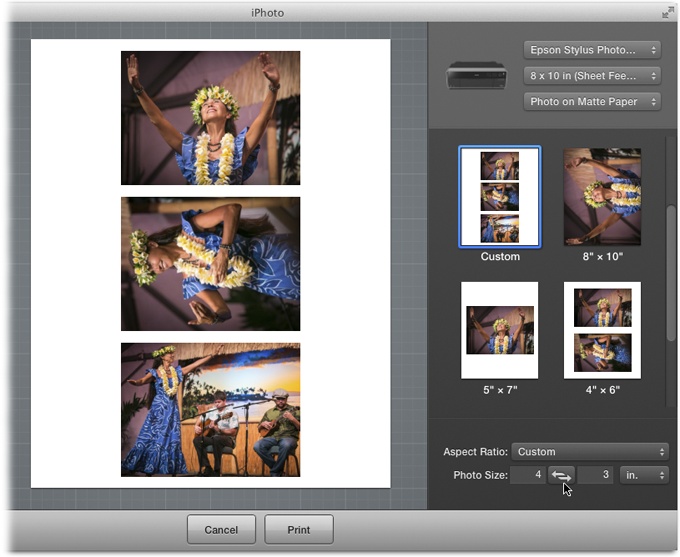 By choosing the Custom theme, you can change the aspect ratio and print size to anything you want. Here, the print size is 4 x 3-inches, which means iPhoto can fit three photos onto a single 8 x 10-inch piece of paper (three thumbnails were selected prior to summoning the Print pane).To flip-flop the measurements you entered—say, to print a 3 x 4 instead of 4 x 3—click the button between the numeric fields.