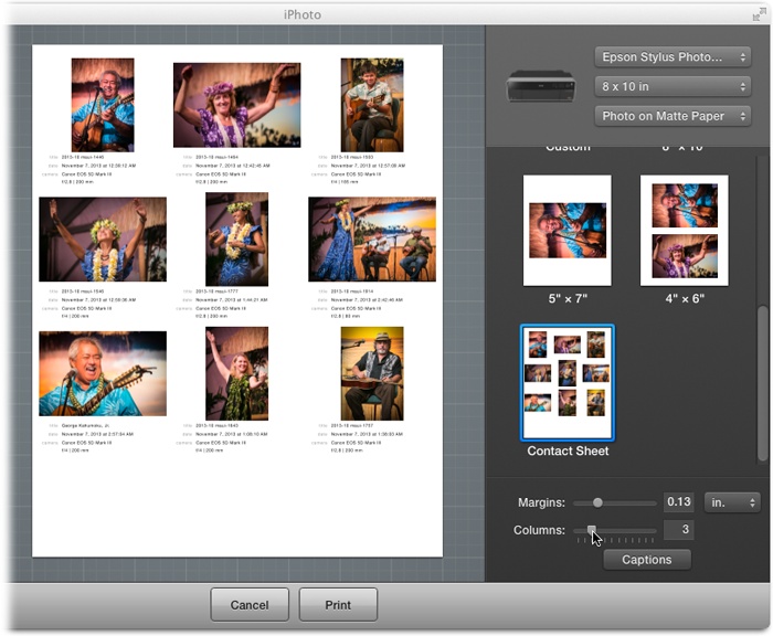 When you choose Contact Sheet, iPhoto lets you specify the margins (space) between the photos (which can affect photo size), as well as the number of columns. Using the slider at the bottom of the Print pane, you can choose from 1 to 12 columns, which also affects the size at which the thumbnails will print.Click Captions to instruct iPhoto what info to print beneath each thumbnail. You can choose from things like the photo’s title, the date it was taken, the camera type, as well as the aperture setting. (The Captions dialog box is shown in Figure 7-5.)