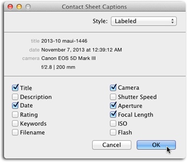 When you click the Captions button shown in Figure 7-4, iPhoto opens this dialog box. Use the pop-up menu to pick a formatting style for the captions beneath each thumbnail. Your choices are Basic (standard, left-aligned info), Labeled (shown here, where each piece of info gets a light-gray title), and Condensed (info is centered). For the most professional look, go with Labeled. You see a preview of what the info will look like in the middle of the dialog box.Use the checkboxes to tell iPhoto which pieces of info to display.