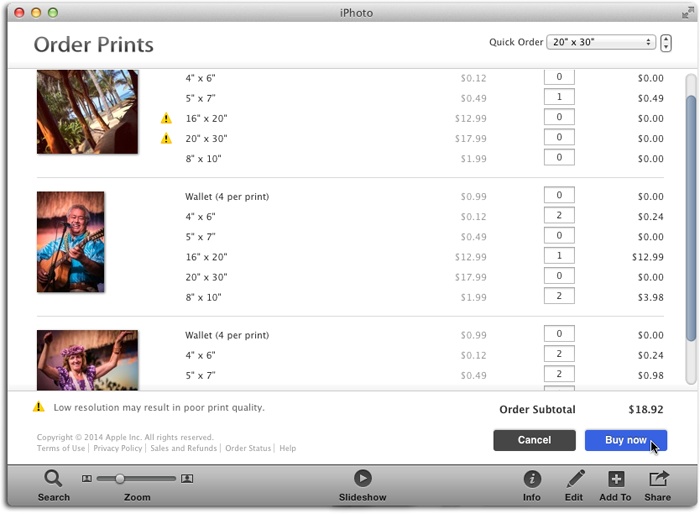 The Order Prints window lets you order six different types of prints of your photos—from a set of four wallet-sized prints to mammoth 20 x 30-inch posters. Use the scroll bar on the right to skim through all the photos you’ve selected and specify how many copies of each one you want to order.Note the yellow alert triangles next to certain print sizes. iPhoto is telling you that the photo you’re ordering is too low resolution for the size in question.