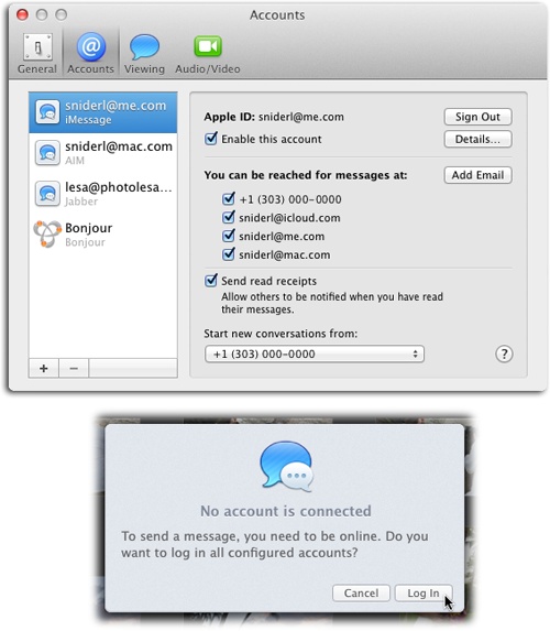 Top: Choose Messages→Preferences→Accounts to see this window. Clicking the + at the bottom left lets you add accounts. Once you’ve set up your accounts, you can turn them on and off here (handy when you don’t want to be bugged by the rabble on a particular service). Turn on “Send read receipts” if you want your correspondents to know when you’ve read each of their messages.Bottom: If you try to use Messages in iPhoto but you haven’t yet set up a chat account, you see this friendly note. Click Log In to have iPhoto turn on the account for you. (Alternatively, you can open Messages and set up or activate an account there, as described above.)