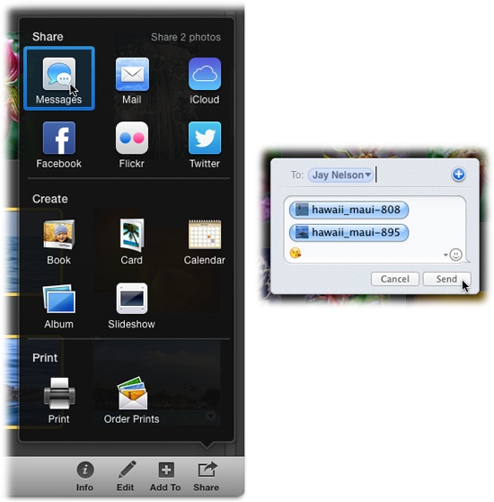 Left: Once you select some photos, click Share and choose Messages. But remember: With great power comes great responsibility; just because you can instant-message up to 10 photos to your pals doesn’t mean you should. Try to keep your messaging to fewer than five shots and use email (or a photo stream; page 196) to share more than that.Right: You can use the smiley-face pop-up menu at the bottom right of the Messages window to insert emoticons and smileys.