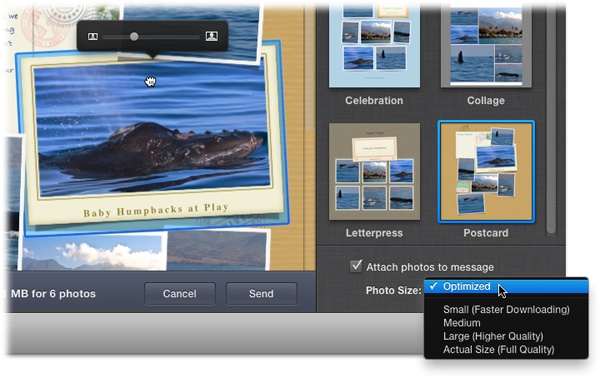 Click a photo to see its zoom slider; drag right to make the picture bigger or left to make it smaller. To move the photo within the frame, drag it into place (your cursor turns into a tiny hand, shown here).Unless you tell it otherwise, iPhoto also attaches the original photo files to the email (the design arrives as a JPEG file, and the photos arrive as an attached .zip file). Pick an attachment size from the Photo Size pop-up menu, or turn off “Attach photos to message” to send just the JPEG.