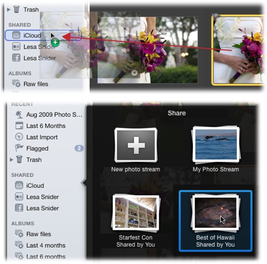 Top: The most direct route for adding photos to an existing stream is to drag their thumbnails onto the iCloud item in your Source list.Bottom: In the pop-up menu that sprouts from the Source list, click the photo stream you want to add the photo(s) to.