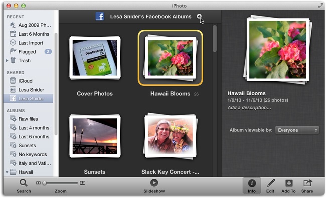 Once you connect iPhoto to your Facebook account, you see a new icon in the Shared section of your Source list, bearing your account’s name. Click it to see every album you’ve ever published on Facebook, whether or not you did so via iPhoto (Timeline posts don’t appear here).Visit your Facebook page on the Web by clicking the arrow next to your Facebook account’s name at the top of the iPhoto window.