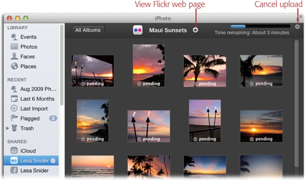 At the top of the photo-viewing area, a status bar lets you know how long it’ll take to upload your photos (in this example, about 3 minutes). A tiny “pending” notation also appears on each thumbnail as it’s being processed (resized).Your Flickr account name also appears in the Source list and you see a spinning arrow to its right when you’re uploading photos (visible here).
