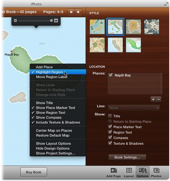 After adding a Map page, the customizing fun begins. In All Pages view, double-click the map page to enter Single Page view, and then double-click the map again to open the Options panel shown here. You can choose from a variety of map styles at the top of the panel and plot new points by clicking the + sign in the Places list. (To delete a location, select it and then click the – sign.)Control-clicking the map summons the shortcut menu shown here.
