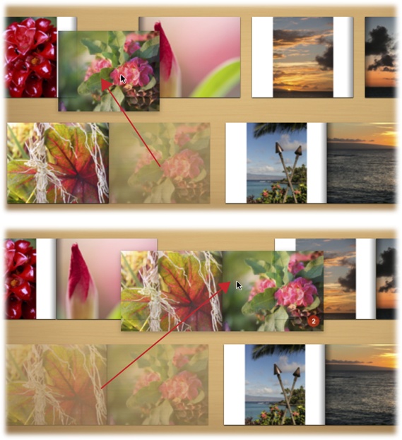 Top: All Pages view lets you rearrange the pages in your book however you want. In this example, one page is being dragged onto a two-page spread. Notice how iPhoto breaks apart the pages of the destination spread you’re pointing to in order to make room for the new one.Bottom: To select multiple pages, Shift- or c-click them, and then drag the pages wherever you want. When you move two or more pages, iPhoto makes room between the spreads to accommodate the ones you’re moving.