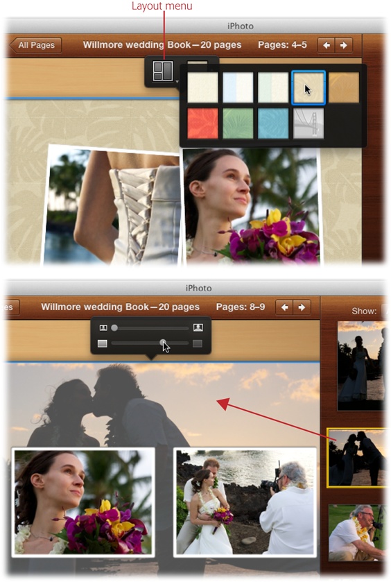 Top: In Single Page view, click the page number beneath any page to select the page and summon a Layout pop-up menu (labeled here). It lets you pick the number of photos per page and a design layout, and gives you quick access to available background choices (but not borders).Bottom: To use a picture as a backdrop, choose the last background option (the one with the Golden Gate Bridge on it) and then, with the Photos panel open, drag your picture onto the page’s background. The controls shown here appear automatically. Use the top slider to adjust the background photo’s zoom level, and the bottom slider to change its transparency (drag left to make it more see-through). The idea is that a background photo should be fainter and subtler than the foreground shots.If you really want to get creative, try using the same picture for both the background and the foreground. By enlarging the background shot and decreasing its transparency, you can create some neat effects.