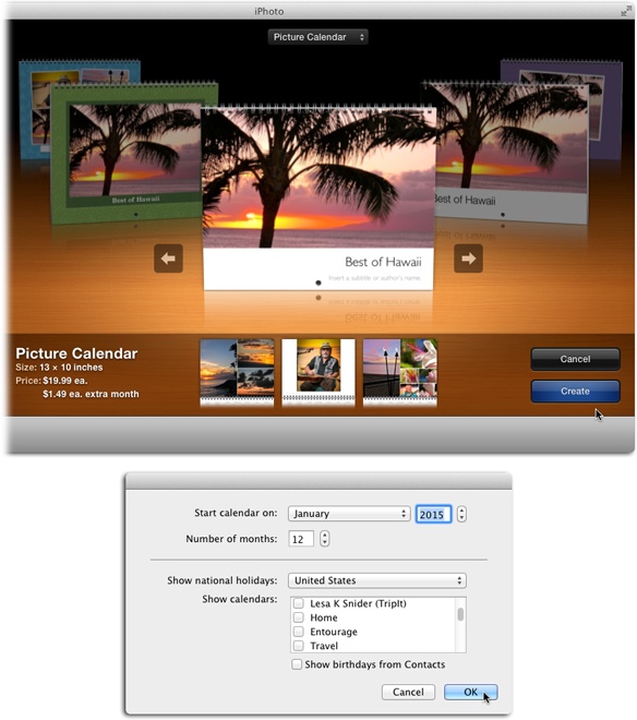 Top: iPhoto’s various calendar themes have different date sizes, photo placements, and background patterns.Bottom: Your calendar doesn’t have to start with January—you can pick any starting month you want. And the calendar can include up to 24 months (two years).The “Show calendars” box lets you include calendars you’ve set up in iCal—Work, Social, Star Trek Conventions, whatever—in your iPhoto calendar. It’s worth noting that several third-party entities, such as TripIt and Star Walk, may have added their own calendars to your Mac and, as a result, they’re available to add to your printed calendar, too. For the curious, TripIt is an excellent trip-planning program, and Star Walk is for identifying celestial bodies and viewing astronomical events.