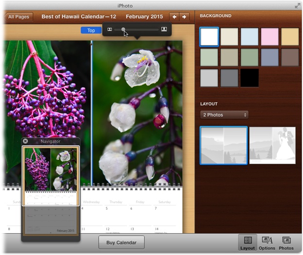 The Zoom slider shown here lets you zoom into/out of a photo. The Zoom slider in iPhoto’s toolbar, on the other hand, lets you zoom into/out of pages as you’re designing them. Zoom into a page and the Navigator appears (see lower left); use it to reposition the current page while zoomed in (or use gesturing on your Magic Mouse or trackpad).The white arrows near the top of this window let you view other pages. Change the number of photos per page by clicking Layout in the toolbar. Pick a number of photos from the Layout pop-up menu shown here, and then click a design thumbnail to apply it. The Background thumbnails at the top let you pick a color for any empty space on the page.