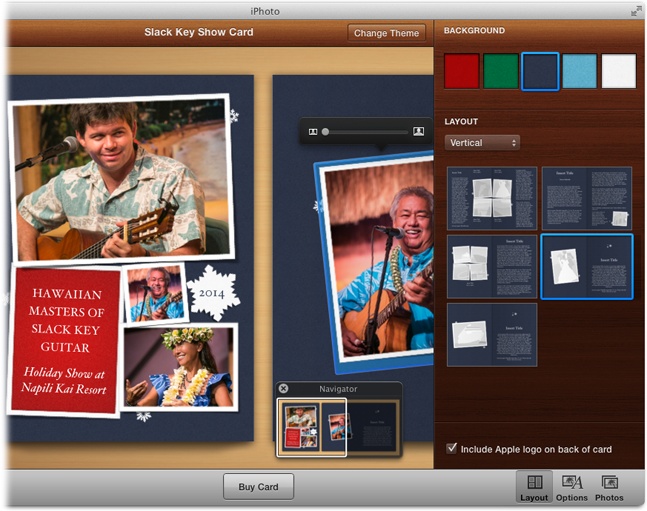Depending on what side of the card is selected (outside/inside, or front/back), you’ll see different designs in the Layout panel. You also get to pick a color scheme (and, in some designs, a pattern) for the background and interior of the card, and a pop-up menu for choosing vertical or horizontal orientation. The Navigator panel shows which part of the card you’re viewing.With a photo selected, click Options in the toolbar to display Effects buttons that convert your photo to black and white, sepia, or antique. You also get an Edit button that transports you to Edit view.