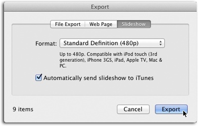iPhoto’s Slideshow Export feature takes the guesswork out of picking the right settings. Choose an option from the Format pop-up menu based on what device you (or your recipient) will use to watch the movie. When you pick a setting, the text beneath it changes to tell you what gadgets the video will work best with.