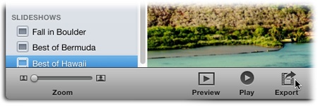 Exporting a saved slideshow doesn’t get any easier than this. Just select the show in the Source list and then click Export on the toolbar. You don’t even have to root around in menus to find an export option (although File→Export works, too).