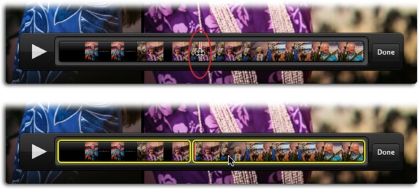 Top: QuickTime Player lets you split clips, which is helpful when you want to chop something out of the middle. The key is to position the program’s playhead (circled) in the right spot before triggering the Split command. When you point your mouse at the playhead, your cursor turns into a double-sided arrow (circled).Bottom: After splitting a clip, both pieces sport a yellow border that indicates they’re selected. Click a single clip to select it and deselect the other.
