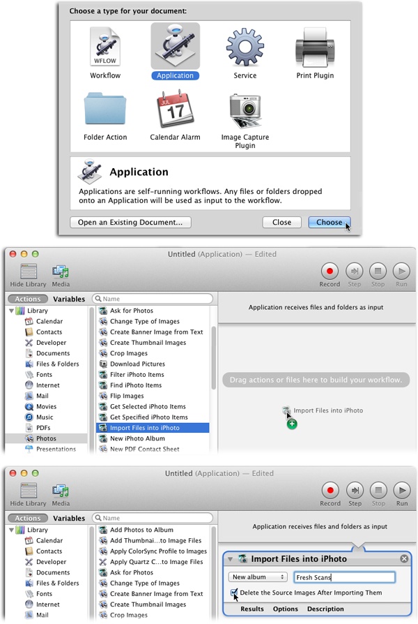 Top: You can choose what you want to create—and how you’ll trigger it—in this pane. (You can reopen it later by choosing File→New.) To create a task that you can trigger by dropping files or folders onto an icon, for example, choose Application.Middle: Narrow down your options by choosing what kind of task you want Automator to perform. In this case, choose Photos in the far left column (the Library list). Then either double-click an action in the second column (the Action list) or drag the action into the Workflow pane on the right to tweak its settings.Bottom: By choosing “Import Files into iPhoto” and adjusting the settings as shown here, you can have Automator fetch files you’ve scanned and plop them into iPhoto, saving you the drudgery of creating a new album, importing the files into it, and then deleting the originals from your hard drive. To trigger the task, scan all your files, stick them in a folder, and then drop that folder onto the application’s icon. If you do a lot of scanning, this can be a huge timesaver.