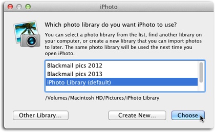 If you open iPhoto while holding down the Option key, the program invites you to pick which library you want to open or to create a new one. If your goal is to start a fresh library for the new year, click Create New and give it a name.To pick an existing library, either double-click it in the list or click it once to select it and then click Choose.