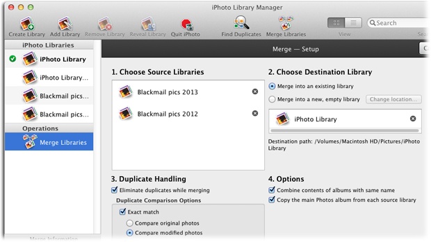 Drag the icons of the libraries you want to combine from the list on the left into the box in section 1. To combine them into a new library, leave “Merge into a new, empty library” selected in section 2 on the right. To add them to an existing library, drag the existing library from the list on the left into the box in section 2, set your Duplicate Handling options in section 3, click Preview, inspect the proposed mega-library, click Merge—and then walk away (the process can take a while).