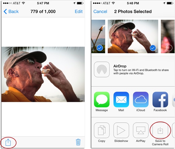 Left: The My Photo Stream album in the Photos app holds your last 1,000 pictures, though they hang around on iCloud’s servers for only 30 days (here it’s shown on an iPhone). To save a picture permanently, tap its thumbnail to select it and then tap the Share icon (circled).Right: When you do that, this screen appears; the blue indicates which pictures will be saved (to select more pictures, tap their thumbnails). When you’re finished, tap “Save to Camera Roll” (circled).