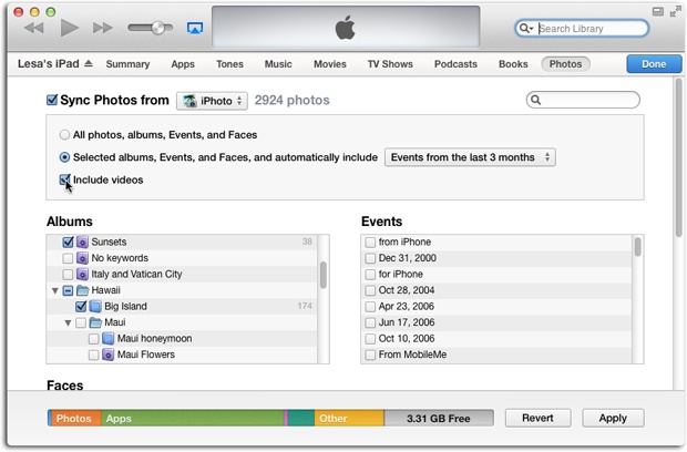 Once your gadget is connected to your Mac, its name appears near iTunes’ upper left. When you click the name, you see several tabs near the top of the iTunes window: Summary, Apps, Tones, and so on. For the most part, these represent the categories of stuff you can sync to your device. You’re interested in the Photos tab.