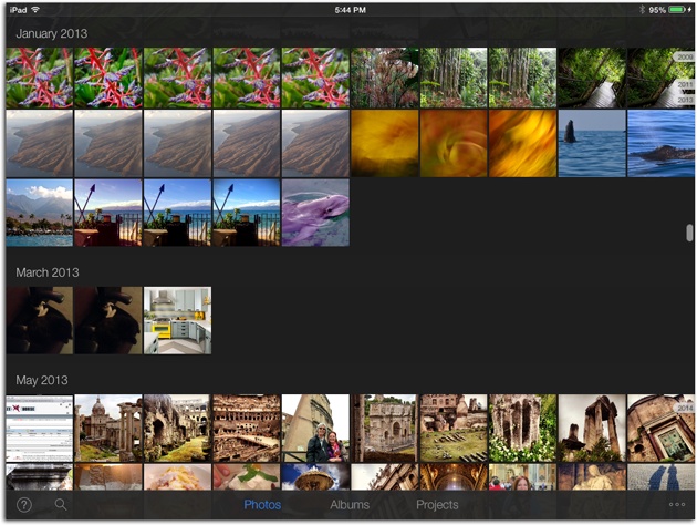 In Photos view, your pictures are grouped chronologically by month. As you scroll through your collection, you see a gray scrollbar and year markers appear along it (both are visible here).If you place your finger at the right edge of your screen and drag, you invoke a “power scroll” that lets you cruise through your thumbnails even faster.