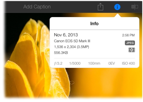 The Info button shows you all kinds of useful tidbits about your photo, including its exposure settings (helpful for learning how to improve your photography).To hide the extra data, tap the Info button again or tap anywhere on the photo.