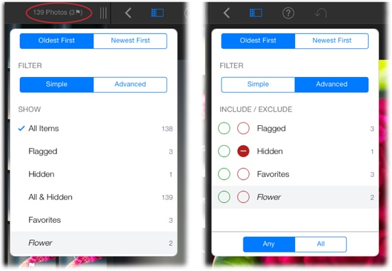 Left: To see only the photos you’ve flagged, “favorited,” tagged, hidden, or even edited, tap the label at the top of the album’s thumbnail grid, and then tap the type of items you want iPhoto to display (the more you’ve messed with your photos, the more criteria you see). Photos that don’t match are temporarily hidden. To see all the album’s photos again, open the Filter pane and tap All Items.Right: Tapping Advanced lets you choose multiple criteria for your photo-viewing pleasure.