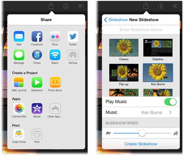 Left: Once you’ve selected some photos, tap and then tap Slideshow.Right: You’ve got nearly all the same slideshow themes in iPhoto on your iPad that you do in iPhoto on your Mac (page 153). You’ll learn more about creating and playing slideshows in Chapter 15, so consider this a teaser.