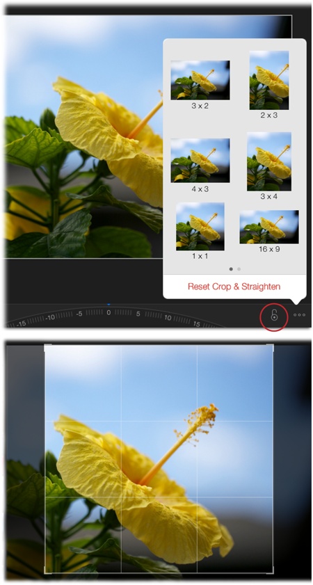Top: To crop your photo using a preset, tap the Options icon, and then tap the size you want (swipe leftward to see more sizes). Tapping the padlock icon circled here constrains a photo’s aspect ratio when you drag the crop box’s corners.Bottom: Once you’ve drawn a crop box, either manually or by picking a preset, you can use the pinch and spread gestures (page 330) to zoom in or out of the photo.
