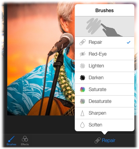 The Brushes tool is unique to iPhoto for iOS. It lets you paint changes onto your photo using the tip of your finger.This, dear friends, is where iPhoto on the iPad gets fun.