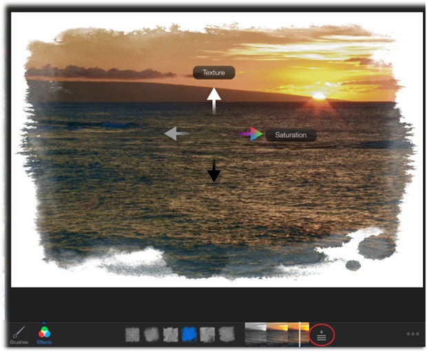 Tap and hold your finger atop your photo to display these controls, and then drag up to increase the texture, or down to decrease it. Drag left to desaturate the photo (remove color) or right to saturate it. Alternatively, you can drag the vertical white line on the thumbnails beneath your photo left to desaturate or right to saturate.Once you’ve applied an effect, you can return to the effects screen shown in Figure 14-12 by tapping the icon that’s circled here.