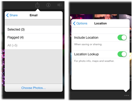 Left: Tap any icon in the Share pane to get these handy options for selecting photos (Email was chosen here). The number to the right of All indicates how many photos you can share using that particular method. For example, you can email only five photos at once.Right: iPhoto’s Location options let you turn location data on or off when sharing your shots. Turn on Location Lookup if you want iPhoto to add location info to the image for you, which is helpful when you start adding widgets to web journals (page 390).