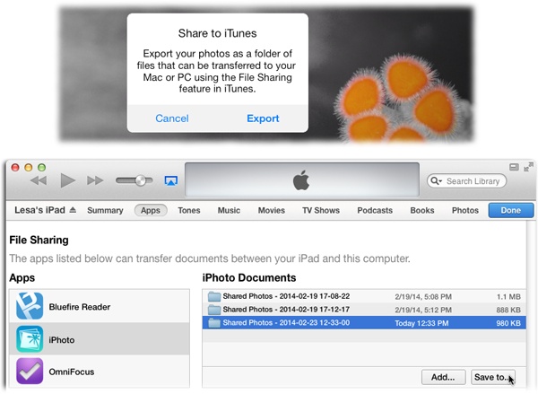 Top: When you export a picture from your iPad to iTunes, it’s transferred at full size during your next iTunes sync.Bottom: When the iTunes sync is complete, you still have to save the files to your hard drive manually, as shown here. Then, to open them in iPhoto for Mac, you have to import them as described on page 15.