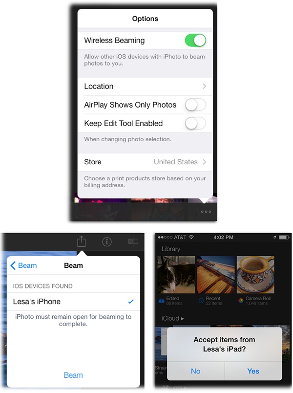 Top: If the switch next to Wireless Beaming is green, you’re good to go.Bottom: If the sending device detects another iOS device with iPhoto running, it appears in this list (left). Tap Beam; an “Accept?” message appears on the receiving device (right). Tap Yes to begin beaming. (If the recipient refuses the beam, you see a “Beaming Denied” message instead.) When the process is finished, a “Beaming Completed” message appears on the sending device; tap Done to dismiss it.