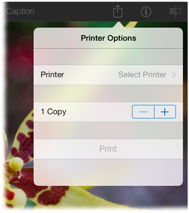 Once iPhoto finds your printer, you can adjust the number of copies using the – and + buttons shown here.When you tap Print, your printout shoots wirelessly to the printer, exactly as though your iPad and printer were wired together.