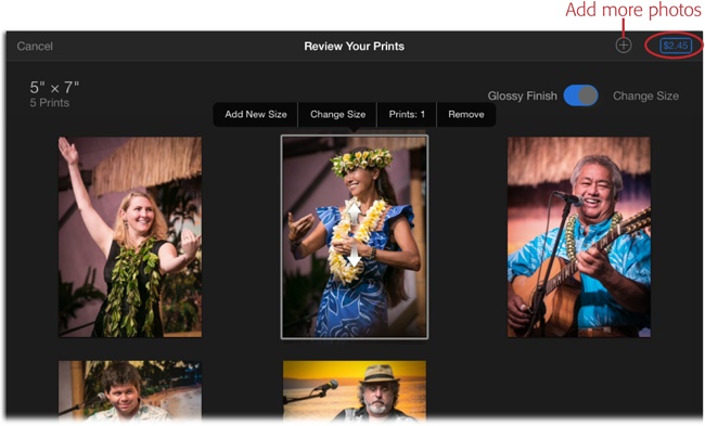When you tap Order Prints, iPhoto lists the size and number of prints at the top left of your screen and calculates the cost of your order (circled). Tap a photo to get the menu shown here, which lets you adjust that photo. You can add an additional print size, change the current print size, change the quantity, or remove it from your order.To adjust how a photo is cropped, use your fingers to reposition the photo inside the gray border; arrows appear atop the picture indicating which directions you can drag.