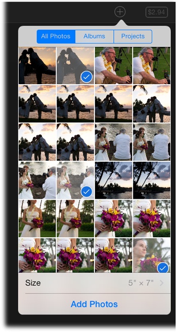 Tapping the Add Photos icon summons this menu. Tap All Photos, Albums, or Projects to pick a group of photos, and then swipe upward to find individual photos to add to your order. As you tap to select pictures, a blue appears on each photo’s thumbnail, as shown here; tap a selected photo again to deselect it.