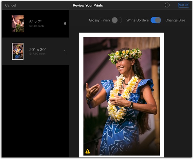 Once you add more print sizes to your order (say, some 5 x 7s and a poster, as shown here), the sizes stack up in a list on the left; just tap a size to view (and adjust) the photos you’ve prepared at that size.When you order a poster, you also get the choice of adding a white border around it. Just tap the White Borders slider to turn it on (it turns blue).