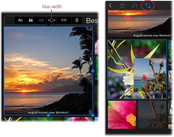 Left: You can drag the round, blue selection handles in any direction to resize your pictures. Happily, iPhoto preserves the photo’s original aspect ratio, so the photo never gets squished or stretched.Tap a captioned photo to get the font and alignment options shown here.Right: After you tap the Swap icon (circled), you can drag one photo atop another to make them switch places. To go back to moving photos instead of swapping them, tap this icon again to turn it off.