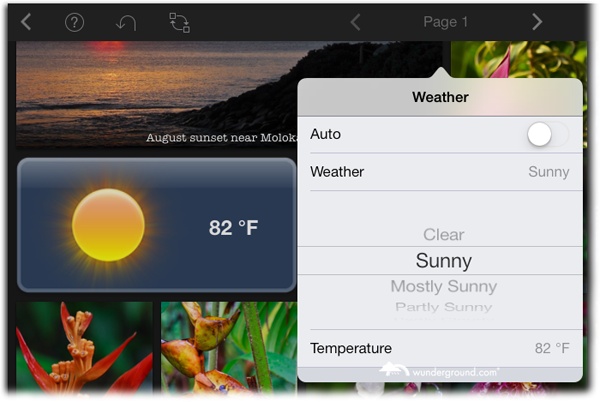 You can customize the Weather, Map, Flag, and Currency objects by double-tapping them to reveal a menu like this one. If you turn off the Auto Slider, iPhoto lets you tap each item in the list and handpick the info you want displayed. For a Weather object, you can specify the condition and temperature.